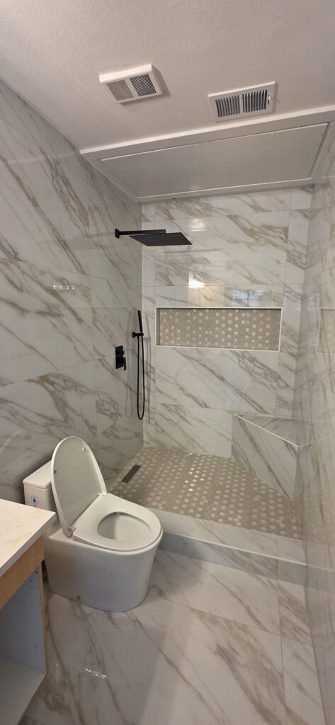 Marble walk-in shower – Fixora Remodeling, Plano TX