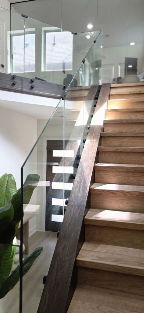 Hardwood stairs & glass railing – Fixora Remodeling, Plano TX
